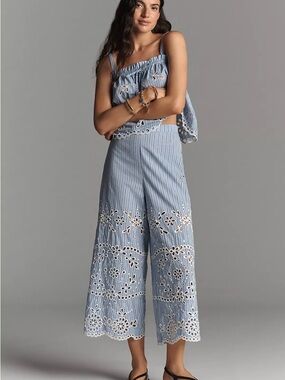 Maeve Eyelet-Stripe Wide-Leg Pants